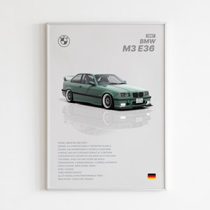 BMW M3 E36 auto poster, auto's poster print, retro auto poster, supercar poster, cadeau voor hem, kinderen jongens kamer decor, slaapzaal decor, BMW poster