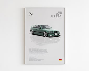 BMW M3 E36 Car Poster, Cars Poster Print, retro car Poster, Supercar Poster, Gift for him, Kids boys room Decor, Dorm Decor, BMW Poster