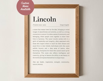 Lincoln Name Meaning Wall Art, Personalized Dictionary Print, Custom Baby Name Sign, Nursery Kids Boys Room Decor Baptism Baby Shower Gift