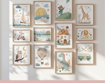50+ Nursery Wall Art Set - Kids Room Prints, Baby Room Decor, Bright Playroom Prints, Whimsical Illustrations, Colorful Animal Poster