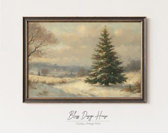 Vintage Christmas Tree Landscape Wall Art Oil Painting Christmas  Printable Art Cottagecore Academia Art Christmas Decor Winter Print #C32