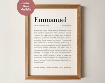 Emmanuel Name Meaning Wall Art, Personalized Dictionary Print, Custom Baby Name Sign, Nursery Kids Boys Room Decor Baptism Baby Shower Gift