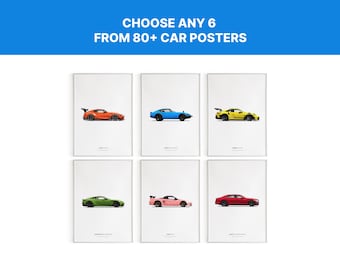 Choose any 6 Car Poster Print, Retro car Poster, Supercar Poster bundle, Gift for him, boys room Decor, Dorm Decor, BMW Ferrari Lamborghini