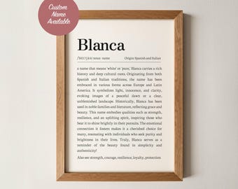 Znaczenie imienia Blanca, grafika ścienna, spersonalizowany wydruk słownika, spersonalizowany znak z imieniem dziecka, dekoracja pokoju dziecięcego dla dziewczynek, prezent na chrzest i baby shower