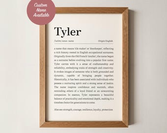 Tyler naam betekenis kunst aan de muur, gepersonaliseerde woordenboek print, aangepaste babynaam teken, kinderkamer kinderen jongens kamer decor doop babyshower cadeau