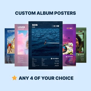 SET OF 4 Choose Your Own Album Poster Album Cover Custom Album Poster Singer Poster Singer and Artist Songs Wall Decor Birthday Music Gifts