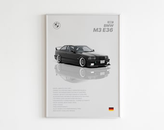 BMW M3 E36 Car Poster, Cars Poster Print, retro car Poster, Supercar Poster, Gift for him, Kids boys room Decor, Dorm Decor, BMW Poster