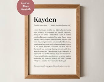 Kayden Name Meaning Wall Art, Personalized Dictionary Print, Custom Baby Name Sign, Nursery Kids Boys Room Decor Baptism Baby Shower Gift