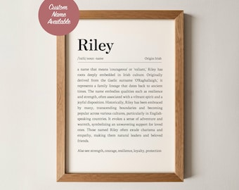 Znaczenie imienia Riley, grafika ścienna, spersonalizowany wydruk słownika, spersonalizowany znak z imieniem dziecka, dekoracja pokoju dziecięcego dla dziewczynek, prezent na chrzest i baby shower