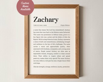 Zachary Name Meaning Wall Art, Personalized Dictionary Print, Custom Baby Name Sign, Nursery Kids Boys Room Decor Baptism Baby Shower Gift