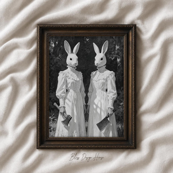Vintage Creepy Rabbit Twins Printable Wall Art, Gothic Bunny Portrait, Dark Academia Decor, Surreal Halloween Print, Spooky Macabre Wall Art