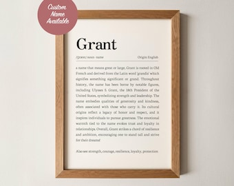 Grant Name Meaning Wall Art, Personalized Dictionary Print, Custom Baby Name Sign, Nursery Kids Boys Room Decor Baptism Baby Shower Gift