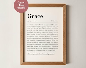 Znaczenie imienia Grace, spersonalizowany wydruk słownika, spersonalizowany znak z imieniem dziecka, dekoracja pokoju dziecięcego dla dziewczynek, prezent na chrzest i baby shower