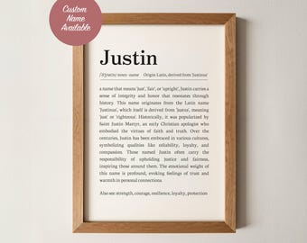 Justin Name Meaning Wall Art, Personalized Dictionary Print, Custom Baby Name Sign, Nursery Kids Boys Room Decor Baptism Baby Shower Gift
