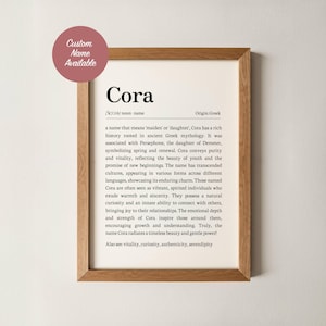 May include: A framed print featuring the name "Cora" and its definition, set in a light brown wooden frame. The text is black on a white background, with the origin of the name also stated. A pink circle in the upper left corner says "Custom Name Available."