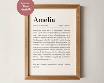 Amelia Name Meaning Wall Art, Personalized Dictionary Print Custom Baby Name Sign, Nursery Kids Girls Room Decor Baptism Baby Shower Gift