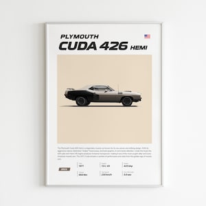 Mid century Plymouth Cuda 426 Car Poster, Muscle Car Poster Print, retro car Poster, Supercar Poster, Gift for him, Kids boys room Decor