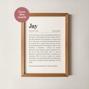 Puede incluir: Impresión enmarcada con el nombre "Jay" en negrita negra. La definición del nombre y su origen están impresos debajo. Una pegatina circular en la esquina superior izquierda dice "Custom Name Available". El marco es de madera.