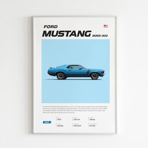 Halverwege de eeuw Ford Mustang Boss 302 autoposter, auto&#39;s poster print, retro auto poster, supercar poster, cadeau voor hem, kinderkamer decor jongens