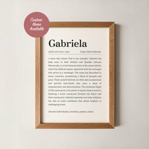 May include: A framed print featuring the name "Gabriela" in a bold, black font. The text provides the name's origin, meaning, and cultural significance. A pink circle in the upper left corner reads "Custom Name Available."