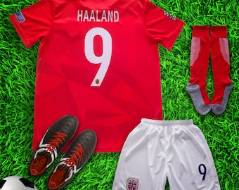 Norway Haaland #9 Red Home Kids Soccer Jersey & Shorts with Socks Set for Boys and Girls Youth Sizes