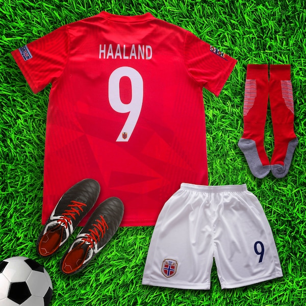 Norway Haaland #9 Red Home Kids Soccer Jersey & Shorts with Socks Set for Boys and Girls Youth Sizes