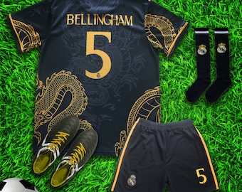 Madrid Bellingham #5 Gold Black Dragon Limited Special Edition Soccer Jersey Kit & Shorts with Socks Set for Boys and Girls Youth Sizes