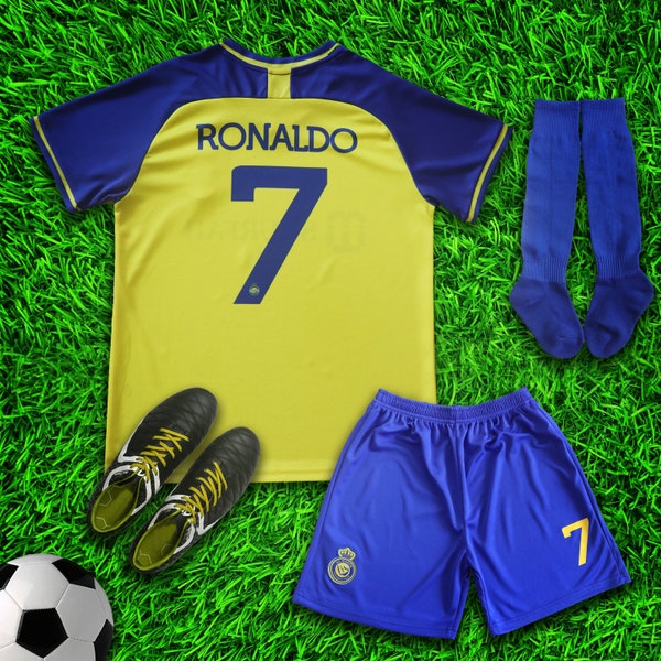 Al Nassr Ronaldo #7 New Home Soccer Jersey & Shorts with Socks Set for Boys and Girls Youth Sizes