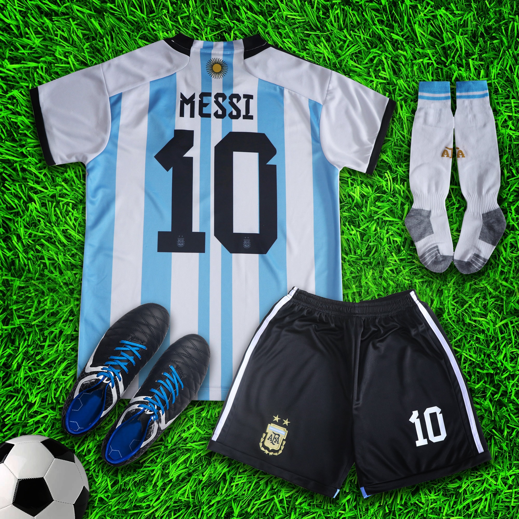 Necm 2021 Argentina #10 Leo Messi Copa-American Home Kids Football Soccer Jersey/Shorts/Socks Kit Youth Sizes