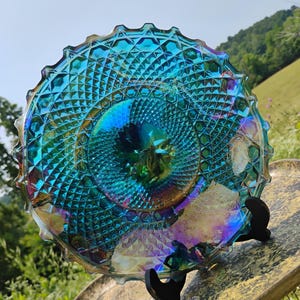 Indiana Glass Blue Iridescent Carnival Glass Diamond Cut 10" Plate Catch All Bowl Vintage Collectible Display