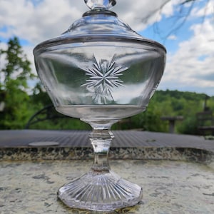 Indiana Glass Bethlehem Star Round Compote Candy Dish With Lid Vintage Clear Glass Collectible Display Kitchen Accessories Table Scape Party