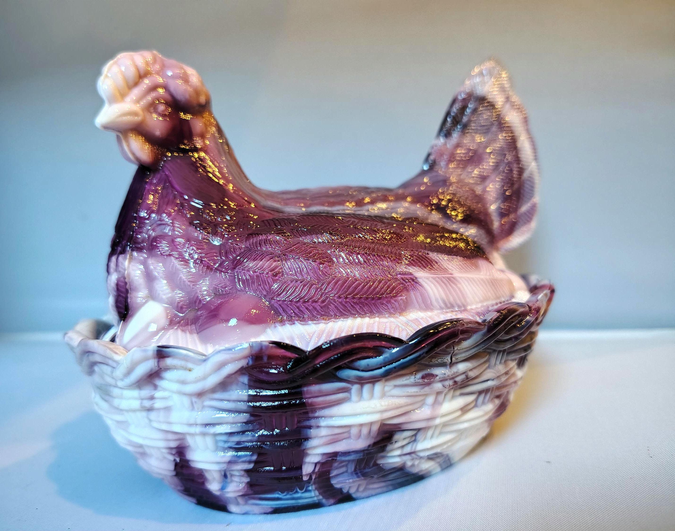 Hen on a Nest Purple Blue White Slag Glass Rare Color Vintage