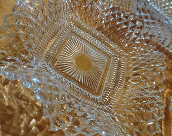 Indiana Glass Square Ruffled Diamond Point Nut Candy Serving Dish 3 Piece Set