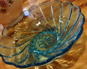 Vintage Blue Turquoise Glass Swirl Hazel Atlas Capri, Seashell 9" Bowl