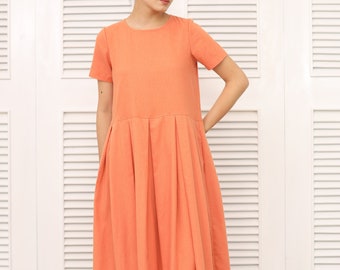 Abito in lino a maniche corte - Abito in lino - Abito estivo midi - Abbigliamento in lino per donna - Abito estivo in lino a maniche corte per donna