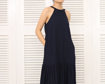 Drop Ruffle Maxi Linen Dress - Linen Long Sleeves Dress - Summer Sleeveless Dress for Women -  Linen Dress for Woman with Pockets
