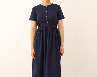 Robe midi en lin avec taille élastique - Robe en lin à manches courtes - Robe d'été à manches courtes pour femme - Robe en lin pour femme avec poches
