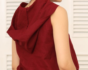 Linen Top with Sleeveless - Linen Top with Hood - Linen Top for Women - Summer Top for Women - Linen Summer Top with Hood