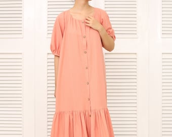 Drop Ruffle Maxi Linen Dress - Linen Long Sleeves Dress - Summer Maxi Dress for Women -  Linen Dress for Woman with Button