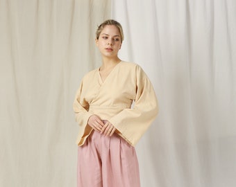 Haut kimono en lin – hauts cache-cœur en lin – chemisier cache-cœur en lin – chemisier cache-cœur en lin – haut cache-cœur bohème – haut en lin – chemisier en lin – haut cache-cœur