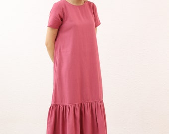 Drop Ruffle Maxi Linen Dress - Linen Short Sleeves Dress - Summer Short Sleeves Maxi Dress for Women -  Linen Dress for Woman with Pockets