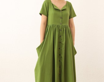 Midi Linen Dress with Pockets  - Linen Short Sleeves  Dress  - Summer Short Sleeves Dress for Women – Short Sleeves Linen Summer Dress