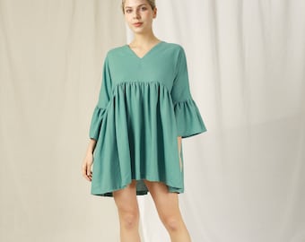 Oversized Mini Linen Dress with Bell Sleeves – Boho Linen Dress – Short Linen Dress – Oversized Mini Dress for Summer