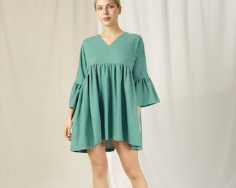 Oversized mini-linnen jurk met klokmouwen – boho-linnen jurk – korte linnen jurk – oversized mini-jurk voor de zomer