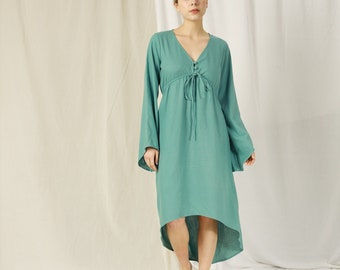 Vestido de lino midi – Vestido de verano de lino con mangas largas – Alto – Vestido de lino bajo – Vestido de lino boho – Ropa de mujer