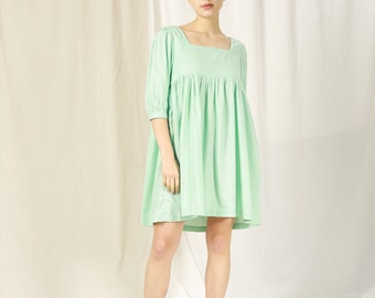Linen Puff Sleeves Dress in Mini Length - Linen Square Neck Dress - Puff Sleeves Linen Oversize dress - Linen Square Neck Oversized Dress