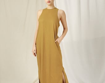 Vestido Maxi de Lino Talla Grande – Vestido Maxi Sin Mangas – Vestido de Lino con Bolsillos – Ropa de Lino – Vestido de Lino de Playa – Vestido de Lino Simple