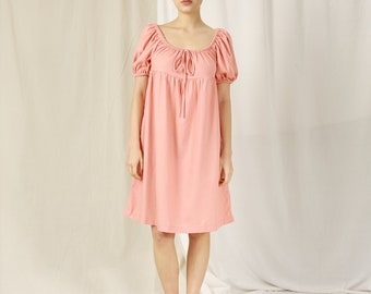 Linen Pink Dress Summer – Linen Nightgrown – Knee Length Dress – Short Sleeves Dress with Pockets – Linen Summer Dress