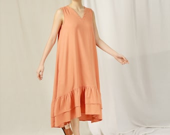 Sukienka z lnianej falbany bez rękawów - Sukienka lniana oversize - Sukienka lniana casualowa - Naturalna Sukienka lniana z falbaną - Sukienka lniana hi-low