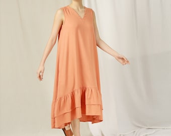 Linen Ruffled dress with sleeveless - Linen Oversize Dress – Linen Casual Dress – Natural Linen Ruffle Dress -  Linen hi-low Dress